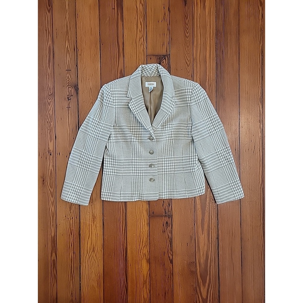 Talbots Houndstooth Blazer 12 Beige Cashmere Wool Angora Blend Vintage Old Money